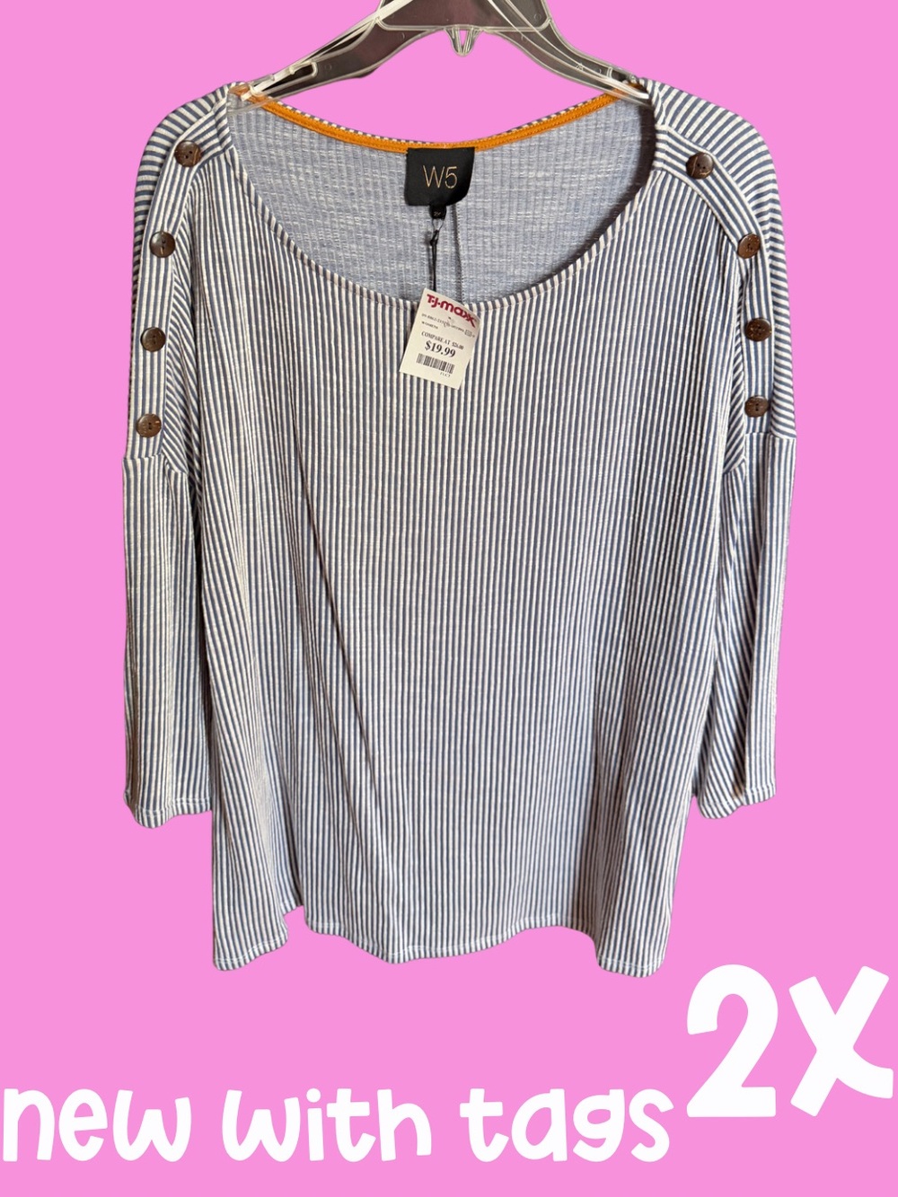 Black and White Striped Button-Shoulder 3/4 Sleeve Top - 2X